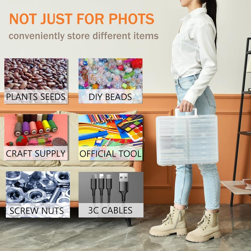 A-Link Photo Storage Box with Handle, 4" x 6" Photo Case Craft Keeper Organizer Container with 16 Inner Case and Label for Pictures, Arts, Crafts, Sewing, Stickers, Office Supplies - Clear - Image 4